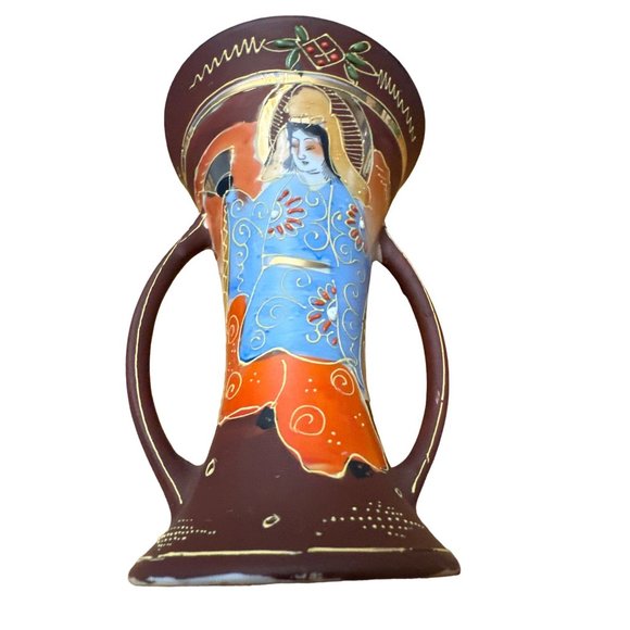 Japanese Satsuma Moriage Vase 6" Hand Painted Gilded Porcelain - Picture 2 of 7